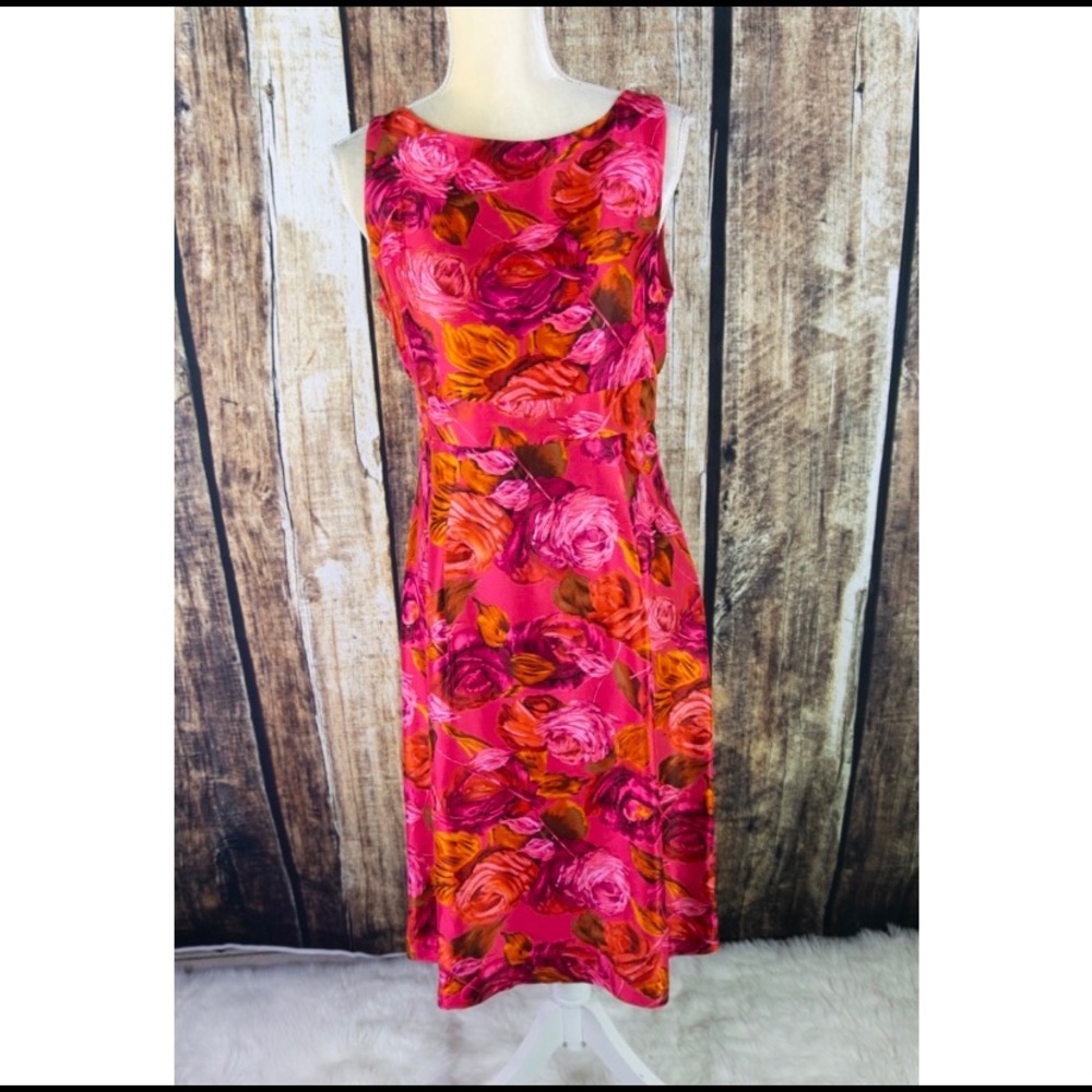 L.K. Bennett Hot Pink & Red Silk Rose Dress